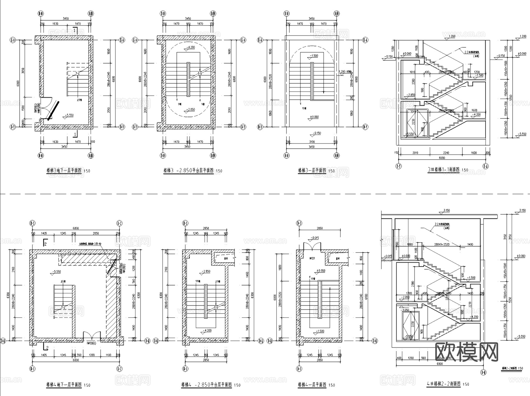 混凝土结构双折三折楼梯大样CAD施工详图集 40套cad施工图