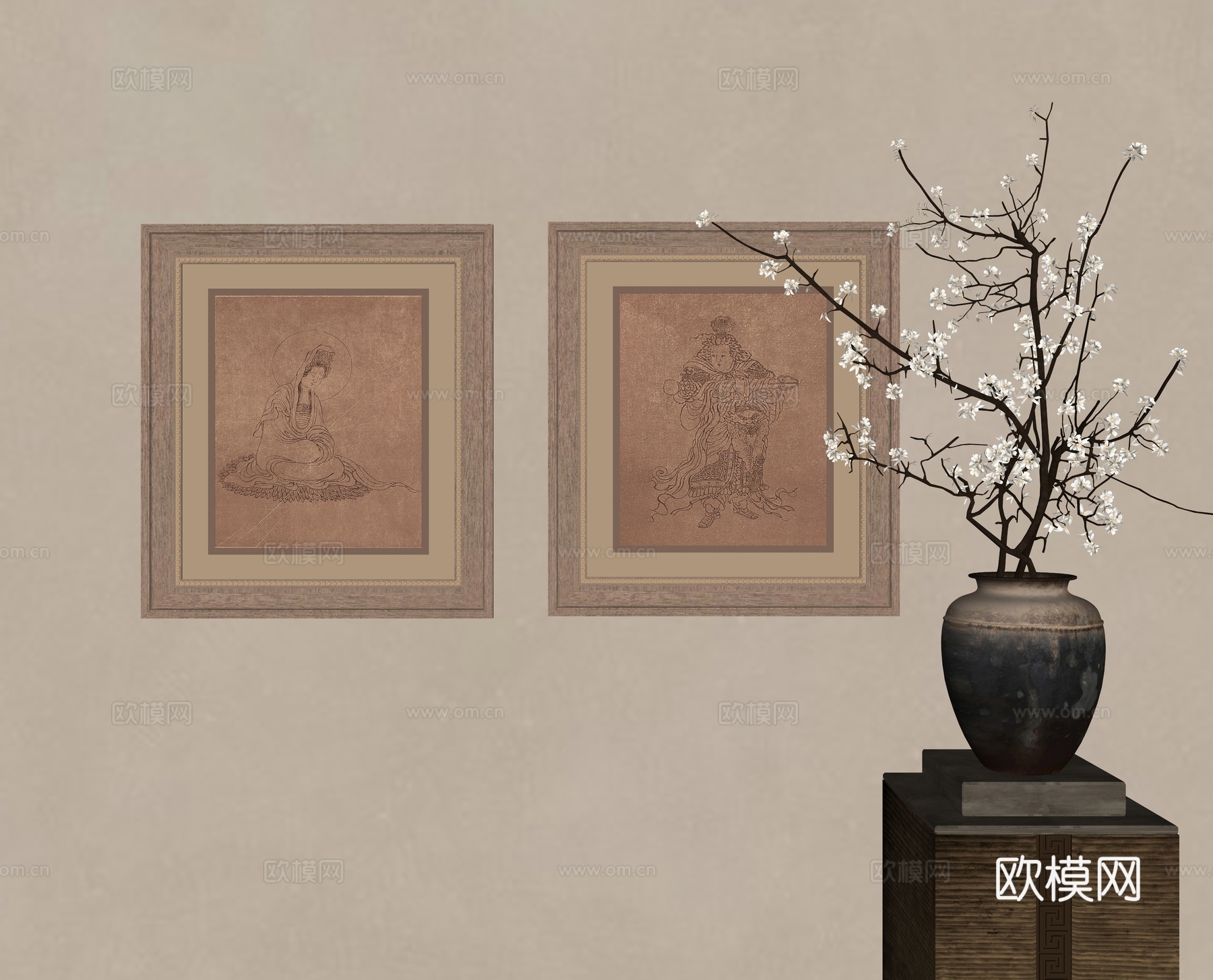 中式装饰挂画 花瓶花艺su模型