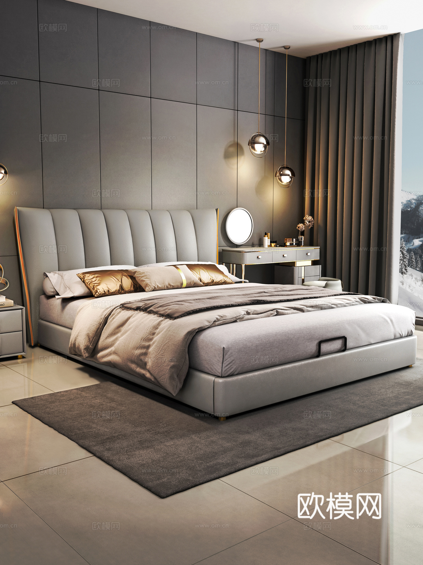 现代双人床 意式极简双人床 主卧床 落地床 软包床 轻奢床3d模型下载（渲染图1）