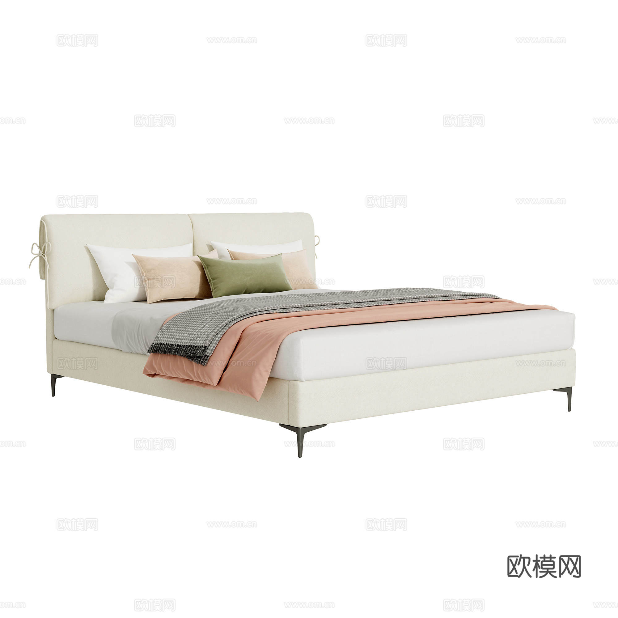 奶油风双人床3d模型下载