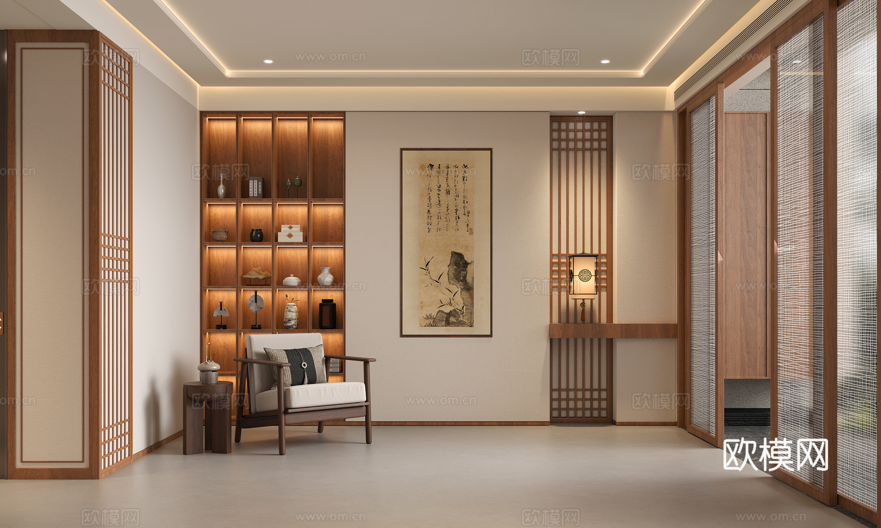 新中式茶室展示柜 宋氏茶室背景墙 宋氏玄关门厅吊灯 宋氏墙板su模型