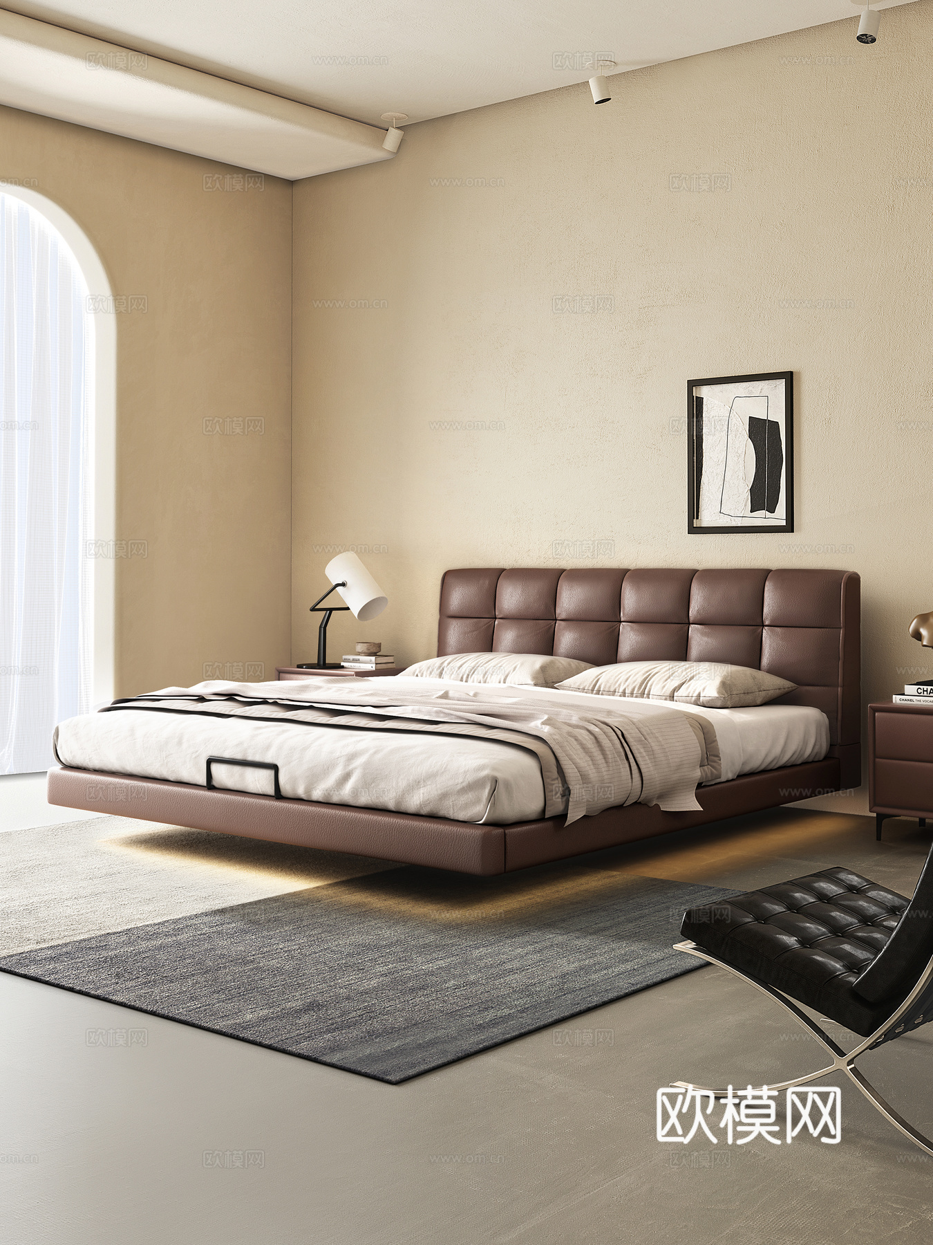 现代床 意式极简床 双人床 泡芙床 轻奢床 悬浮床 皮革床3d模型下载（渲染图1）