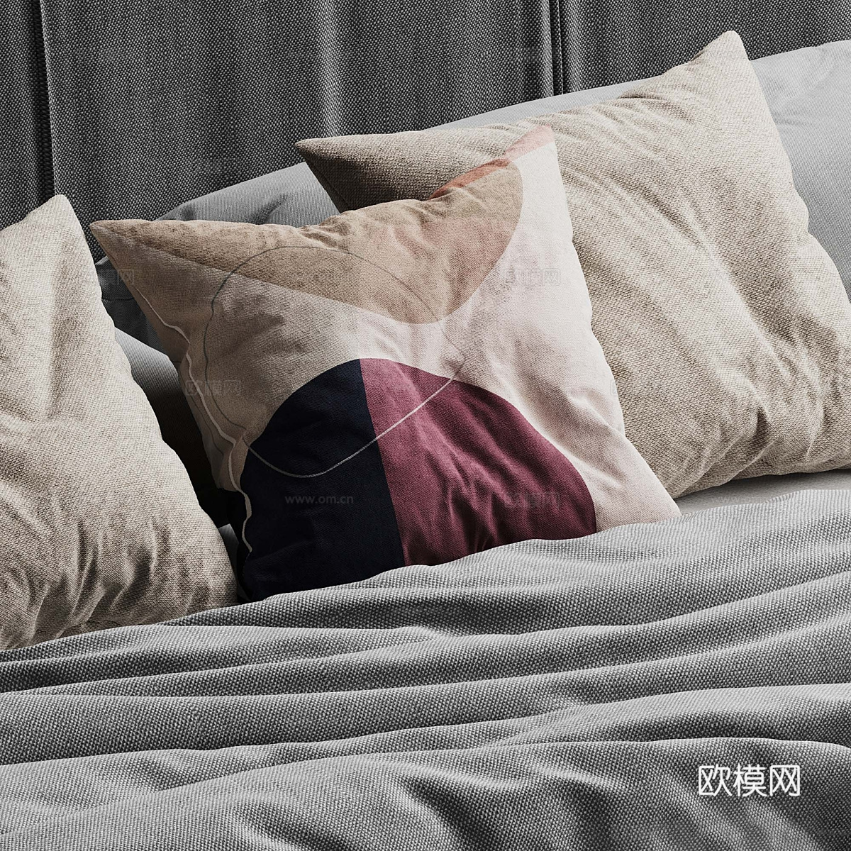 现代意式布艺双人床3d模型下载（渲染图4）