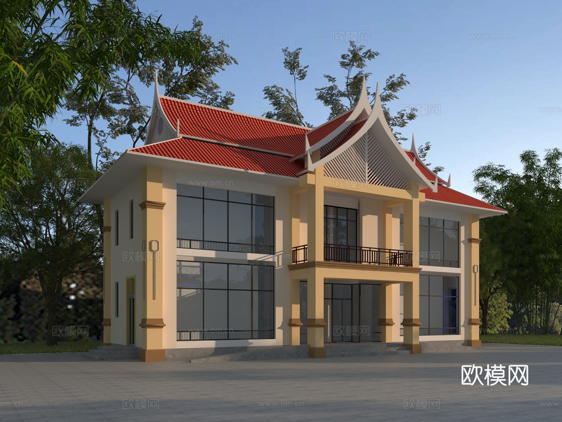 傣族风格卫生室3d模型下载（渲染图1）