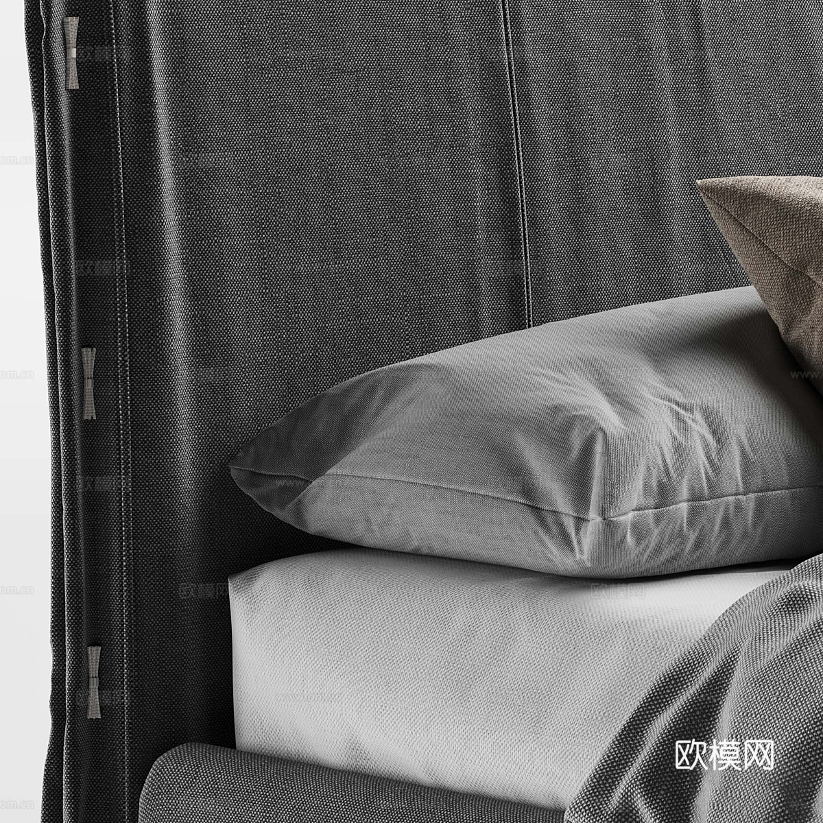 现代意式布艺双人床3d模型下载（渲染图3）