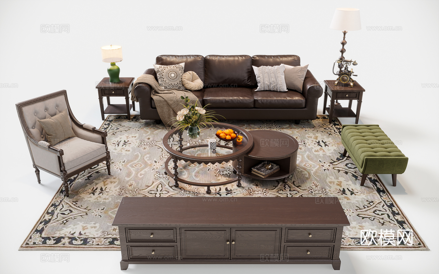 美式复古沙发组合3d模型下载