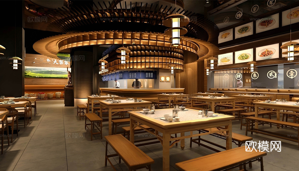 新中式中餐厅 餐桌椅组合 餐牌su模型