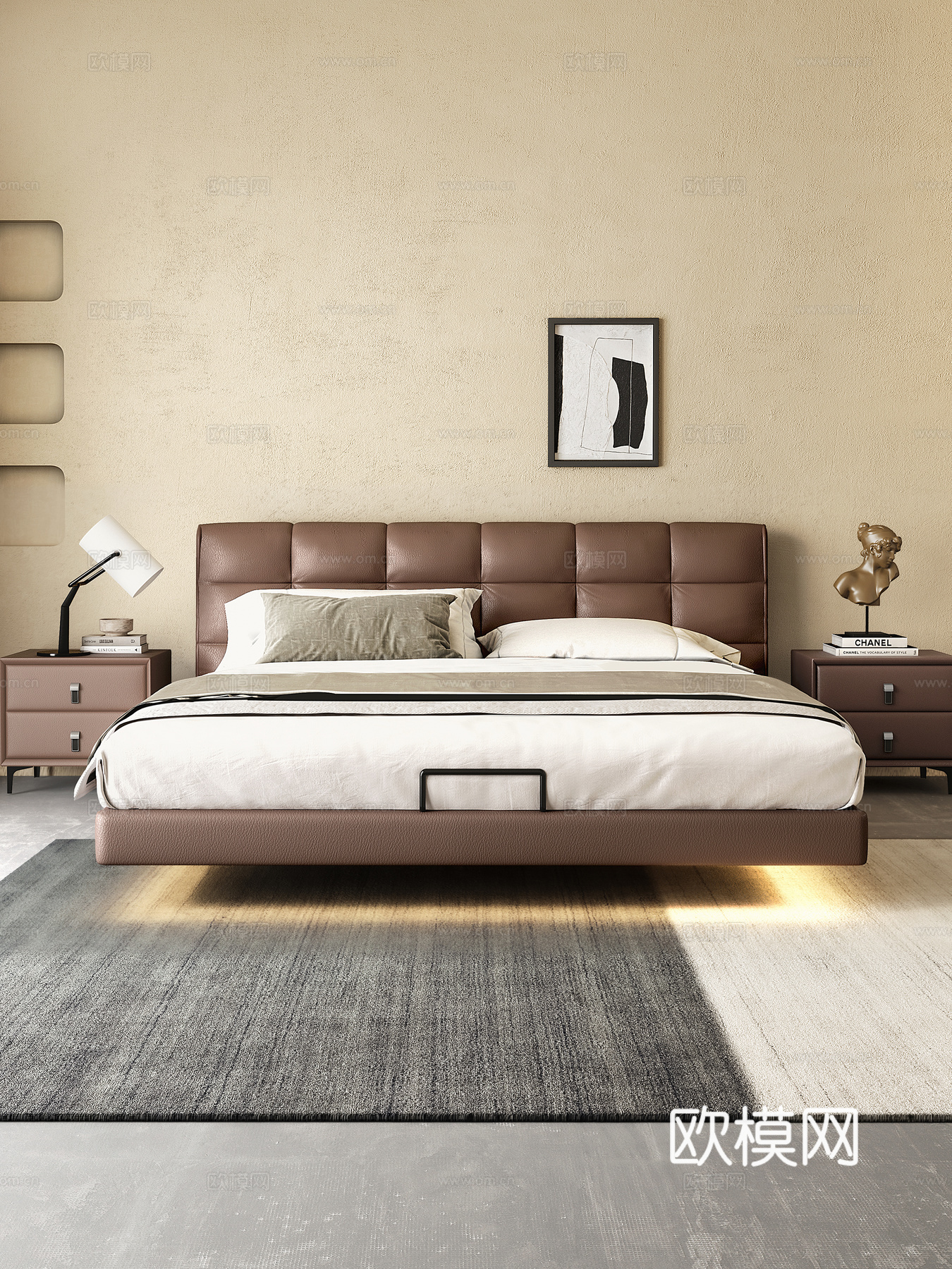现代床 意式极简床 双人床 泡芙床 轻奢床 悬浮床 皮革床3d模型下载（渲染图2）