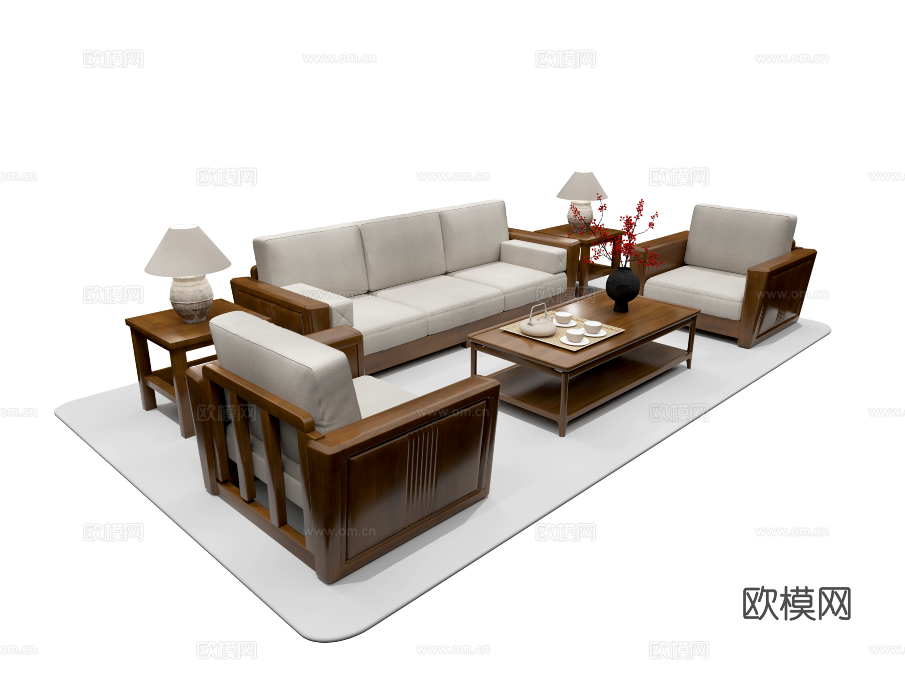 新中式沙发茶几组合 沙发组合3d模型下载