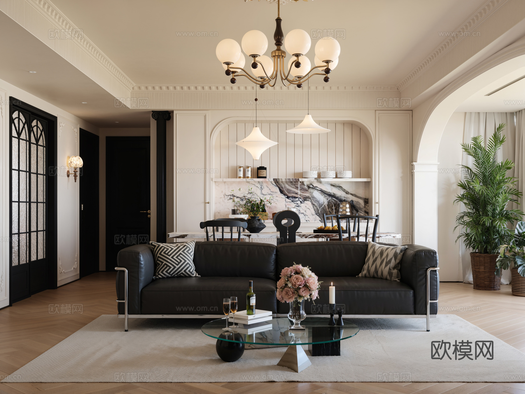 法式复古中古风格客餐厅3d模型下载（渲染图4）