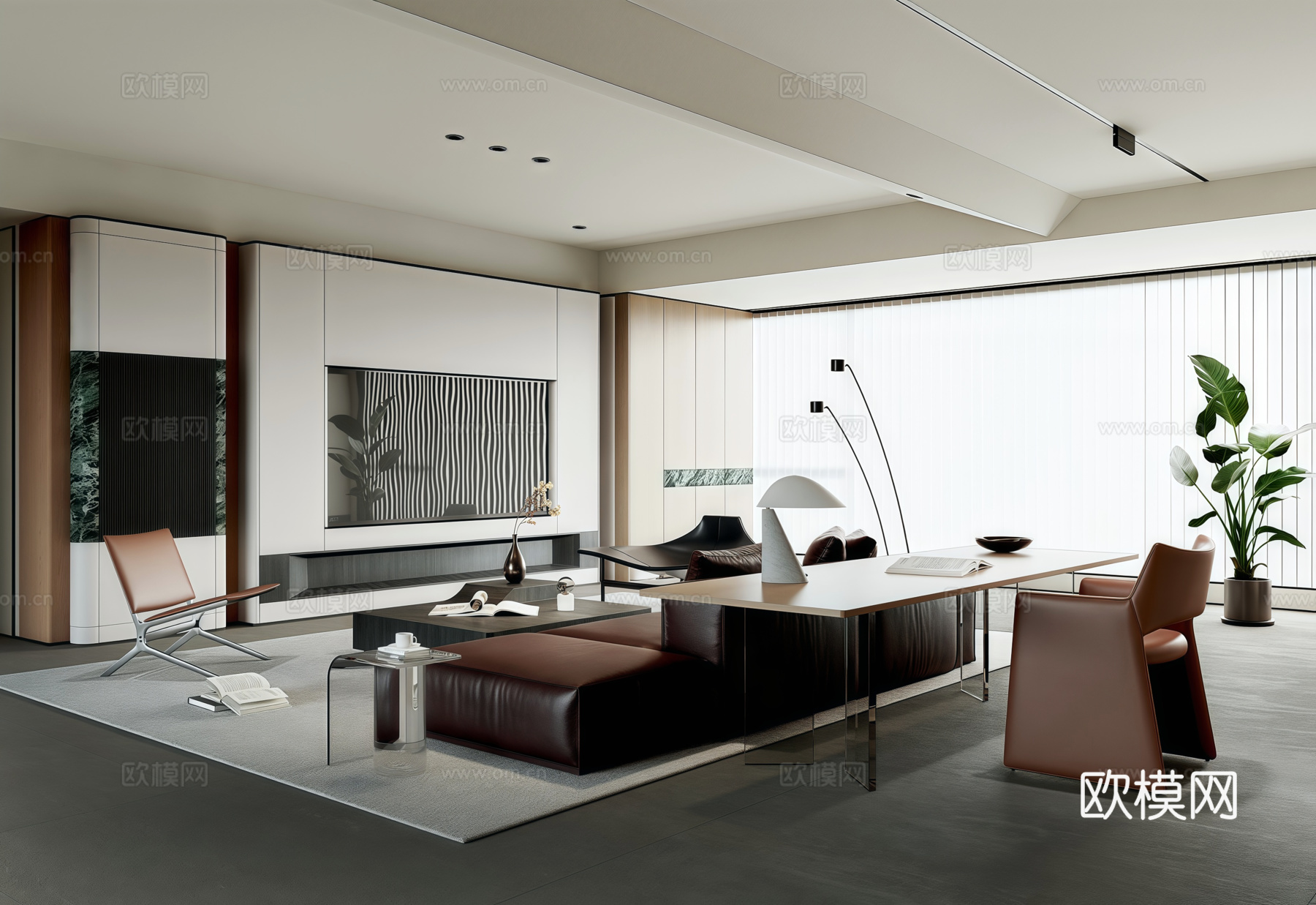 意式现代客厅 书房一体客厅 电视背景墙 沙发茶几 书桌椅su模型