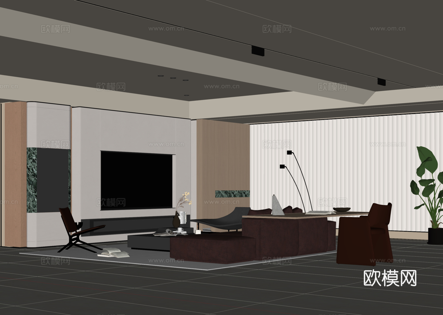 意式现代客厅 书房一体客厅 电视背景墙 沙发茶几 书桌椅su模型