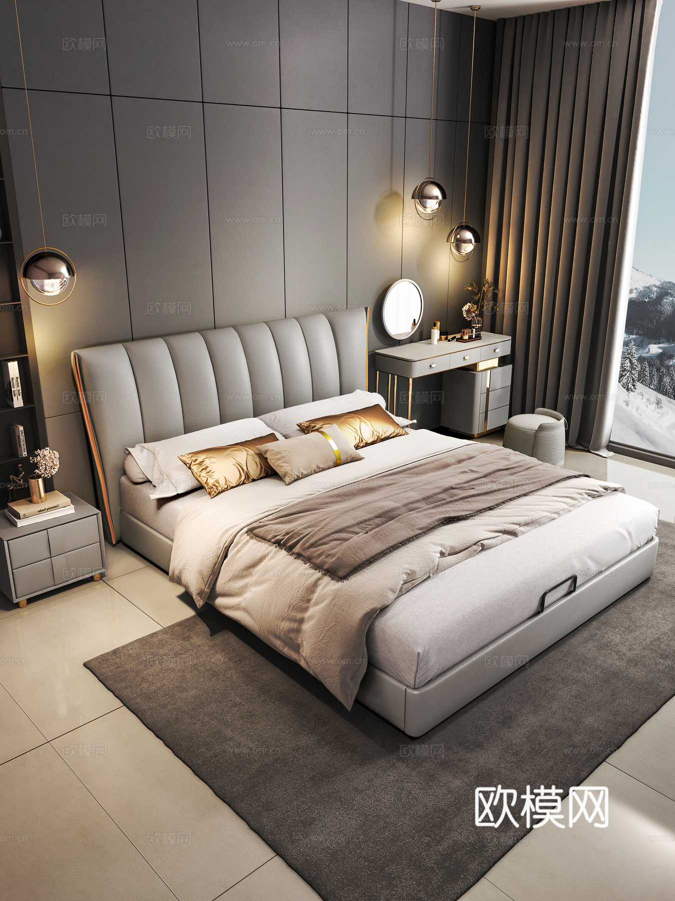 现代双人床 意式极简双人床 主卧床 落地床 软包床 轻奢床3d模型下载（渲染图2）