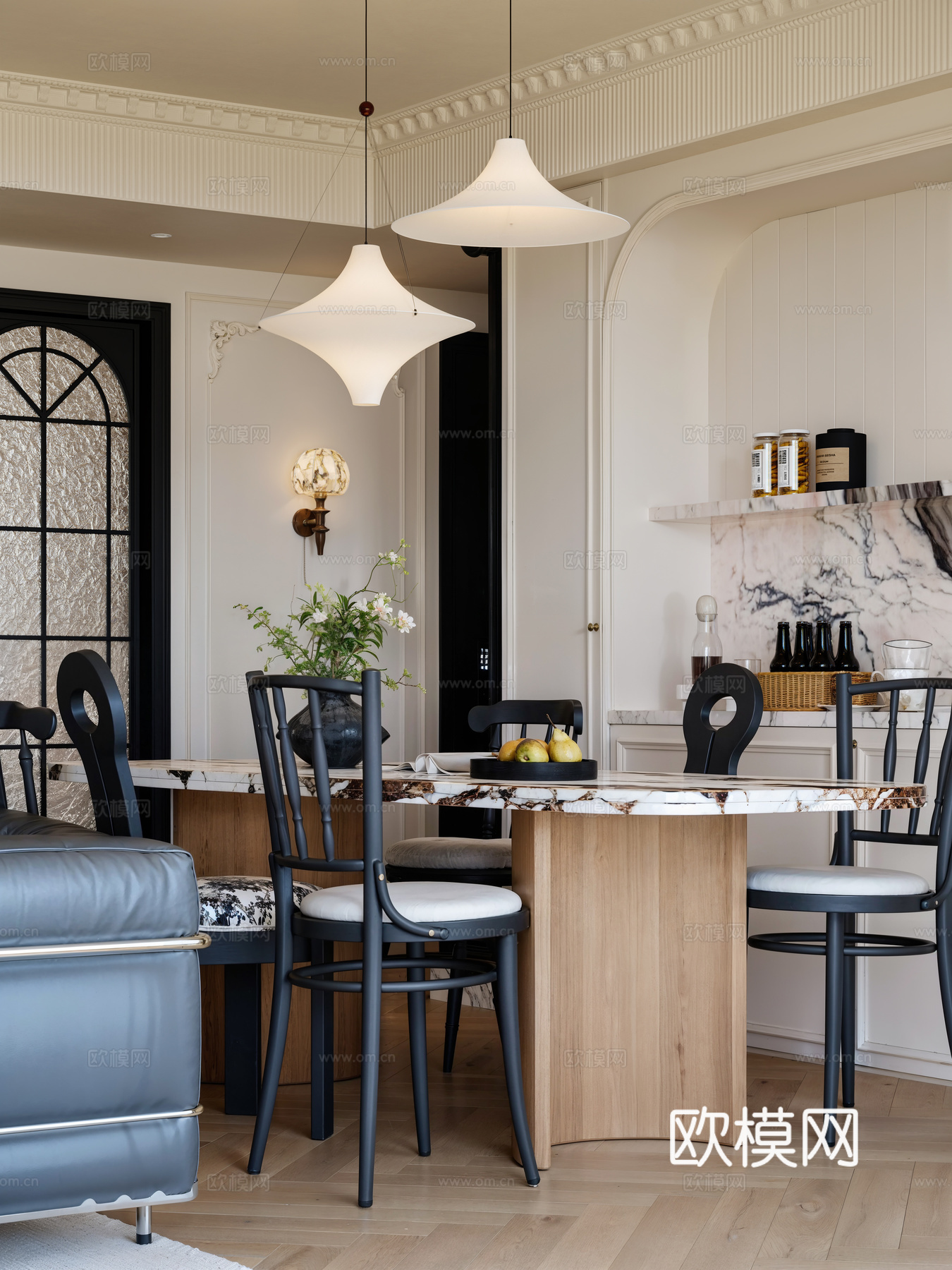 法式复古中古风格客餐厅3d模型下载（渲染图2）