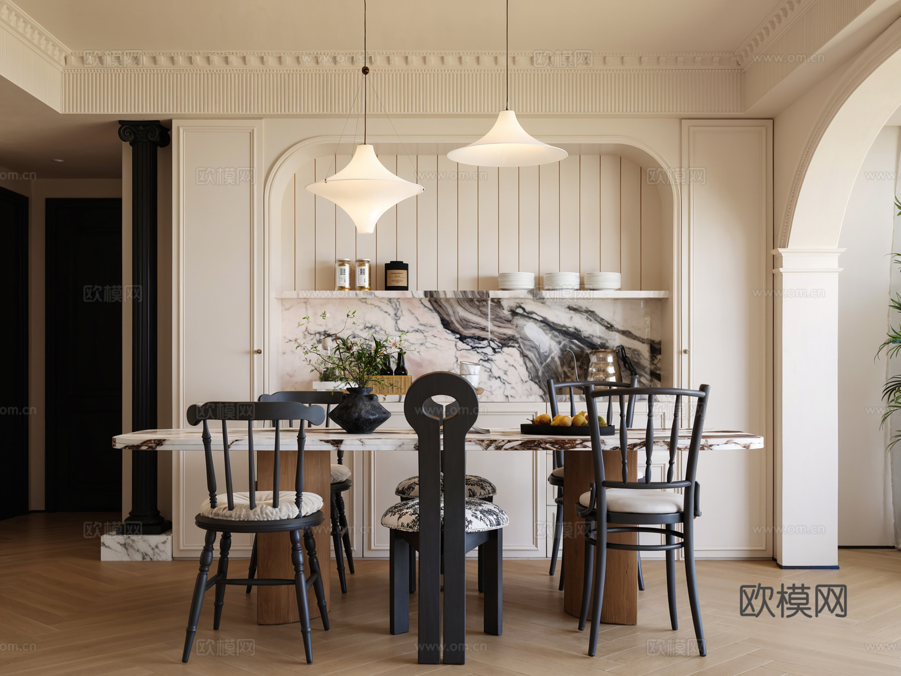 法式复古中古风格客餐厅3d模型下载（渲染图3）