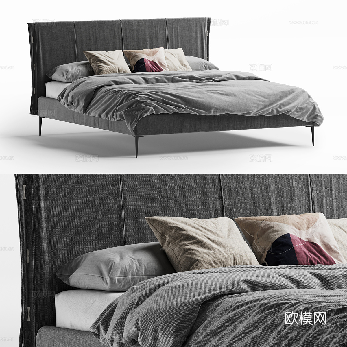 现代意式布艺双人床3d模型下载（渲染图1）