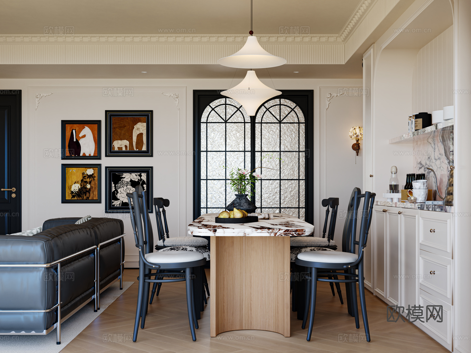 法式复古中古风格客餐厅3d模型下载（渲染图1）