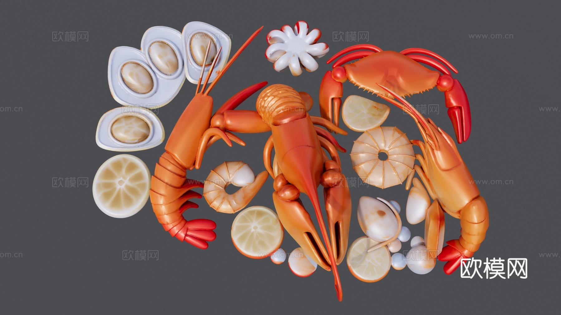 大虾螃蟹和河蚌等海鲜组合su模型