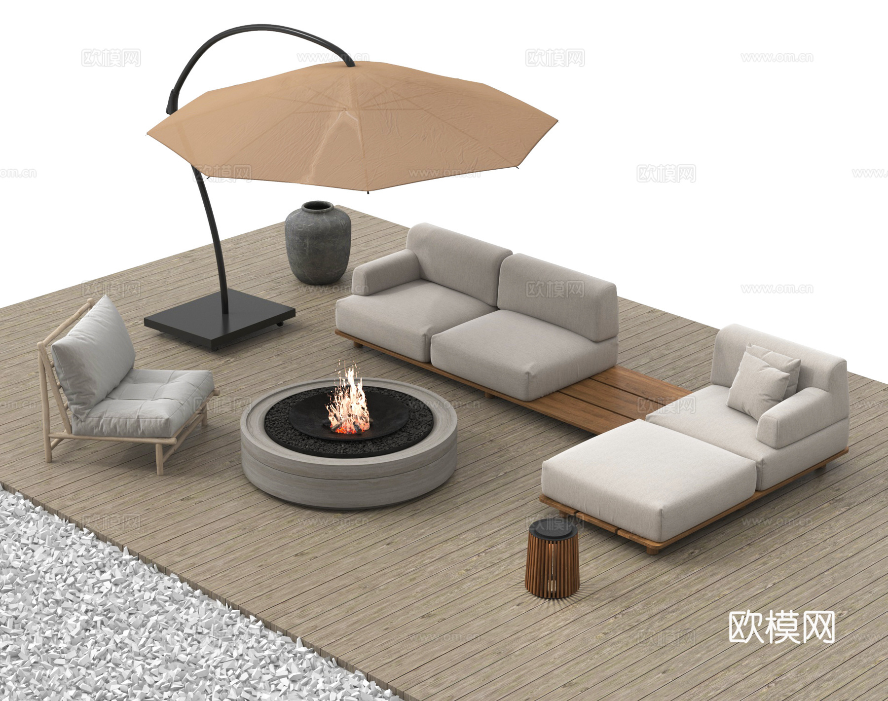 现代户外桌椅 休闲沙发 围炉煮茶 遮阳伞3d模型下载