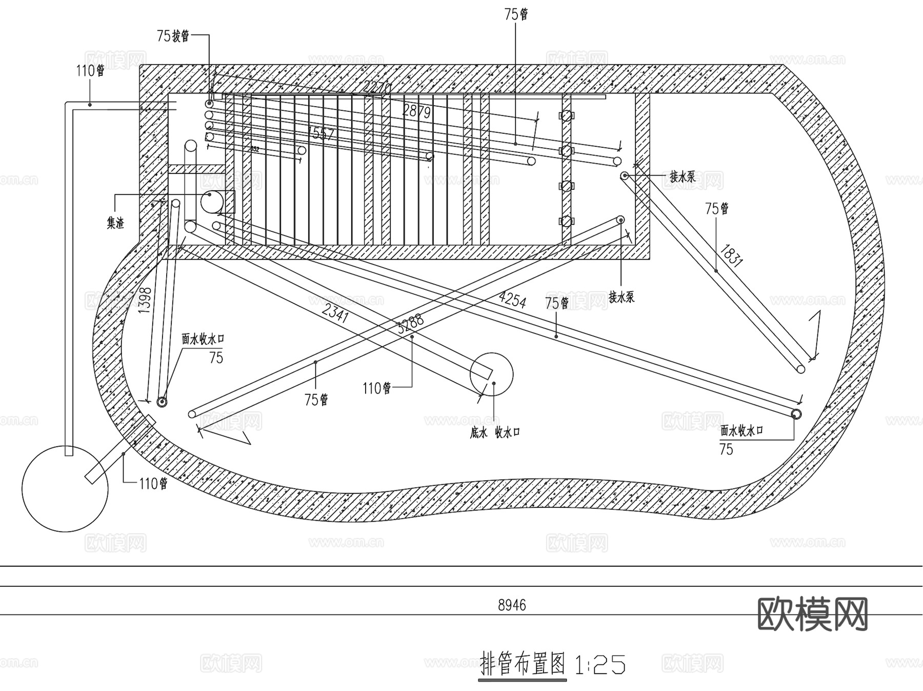 金鱼池过滤净化系统CAD施工图+SU模型cad施工图