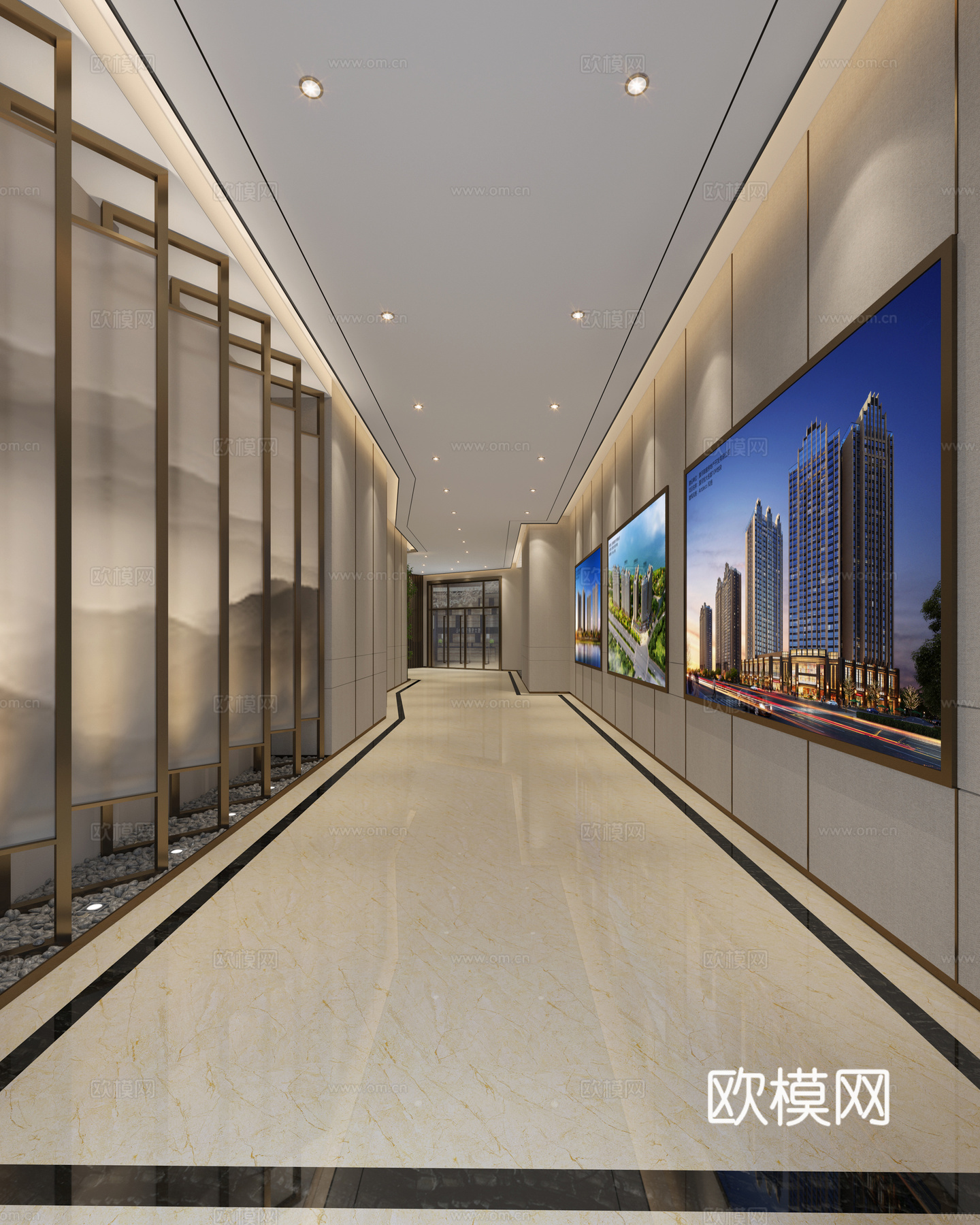 新中式公共区域走廊 看房通道走廊3d模型下载（渲染图2）