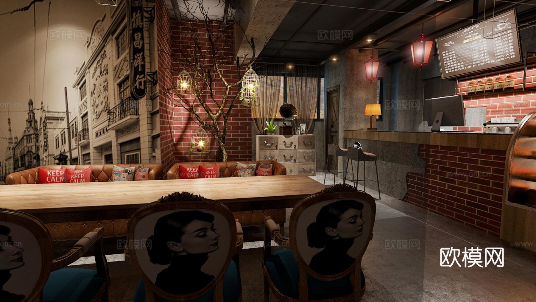 工业风复古 工业风 怀旧 咖啡厅 茶室 前台 餐桌椅 洽3d模型下载（渲染图2）