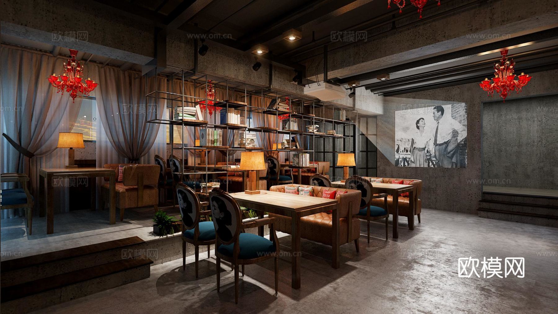 工业风复古 工业风 怀旧 咖啡厅 茶室 前台 餐桌椅 洽3d模型下载（渲染图3）