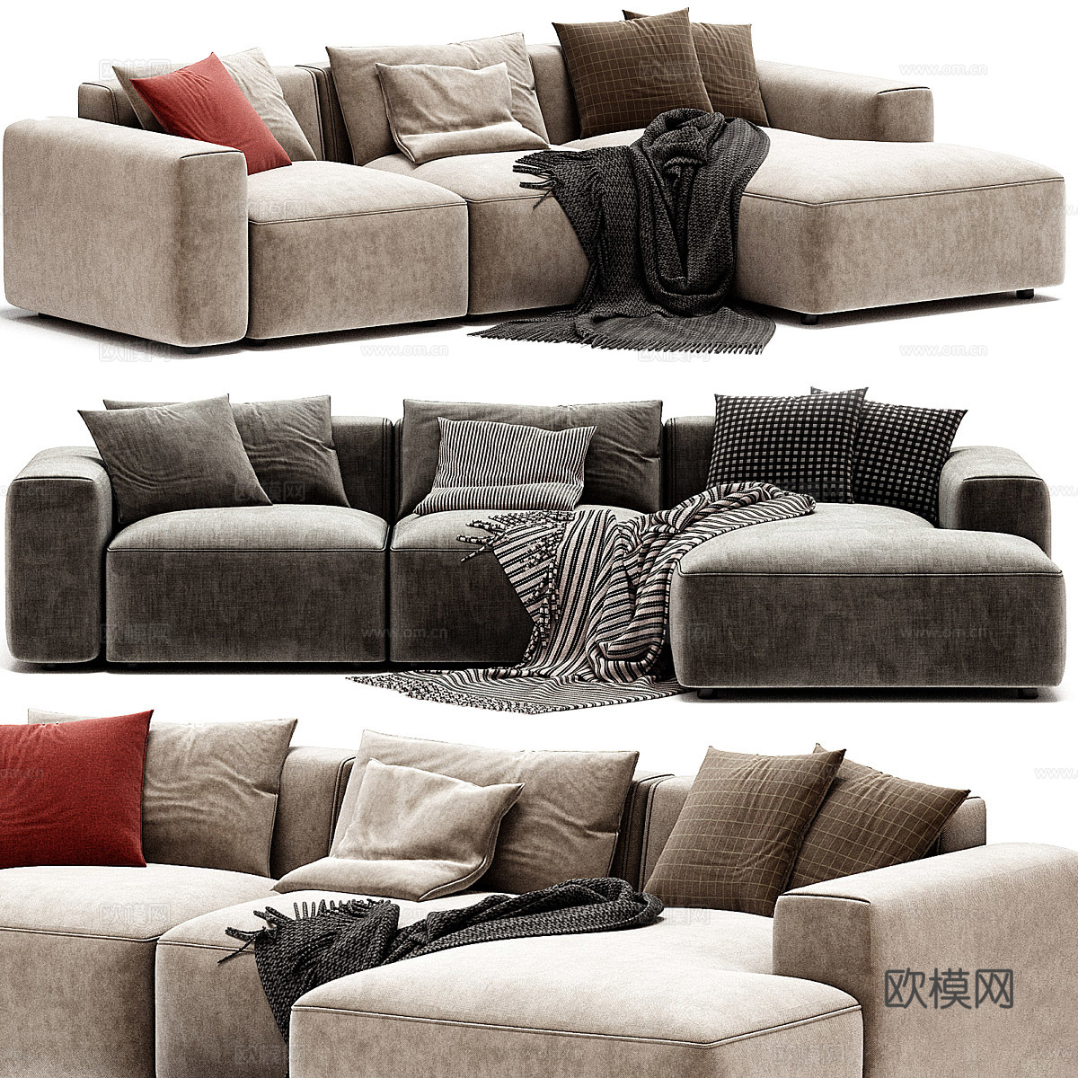 现代意式布艺组合转角沙发3d模型下载（渲染图1）