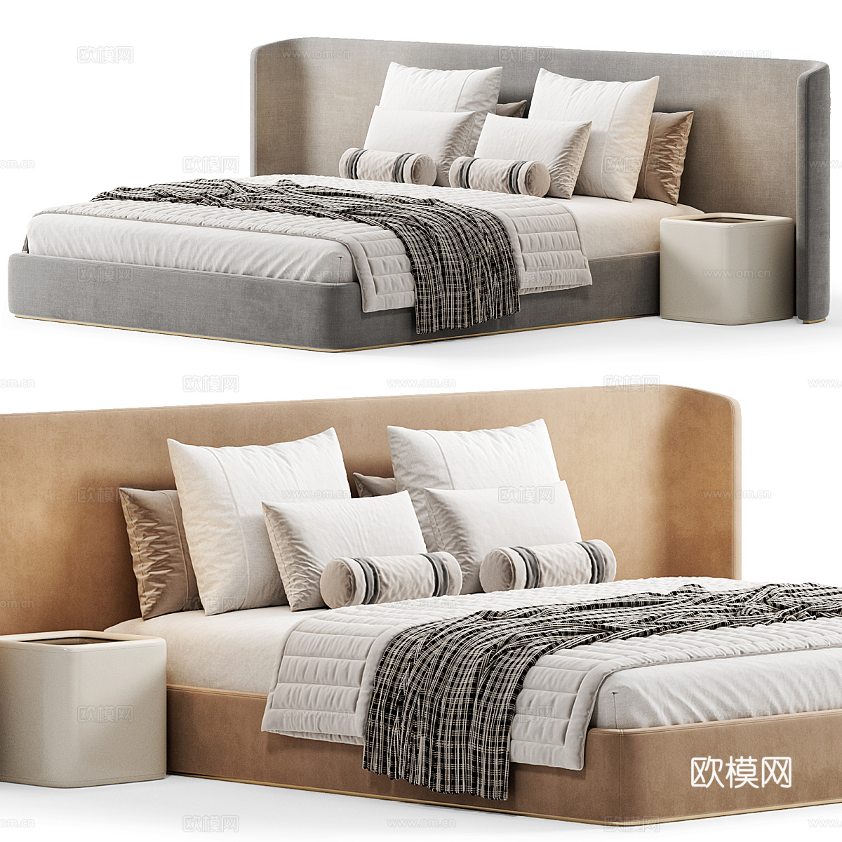 现代奶油风布艺双人床3d模型下载（渲染图3）