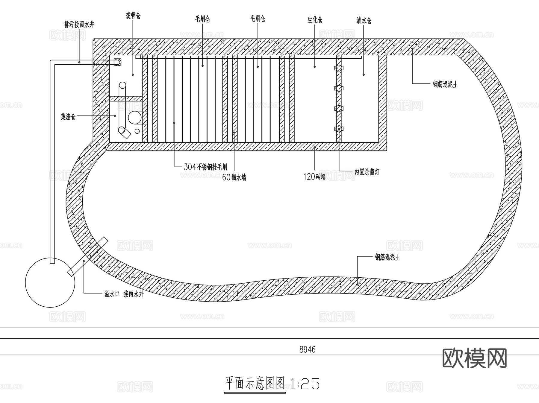 金鱼池过滤净化系统CAD施工图+SU模型cad施工图
