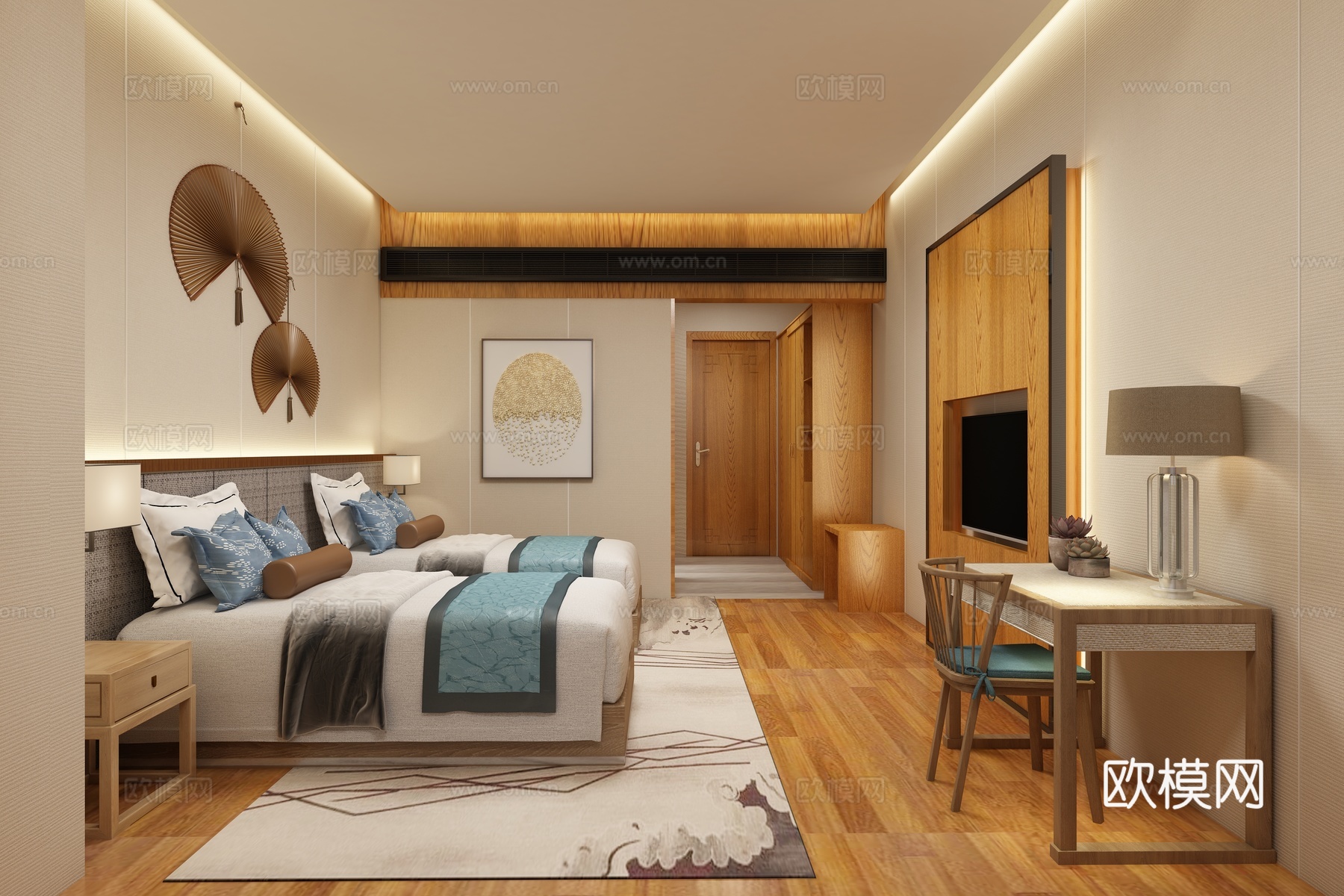 新中式中式客房 酒店客房 双人床 休闲桌椅 电视背景墙 鞋柜3d模型下载（渲染图2）