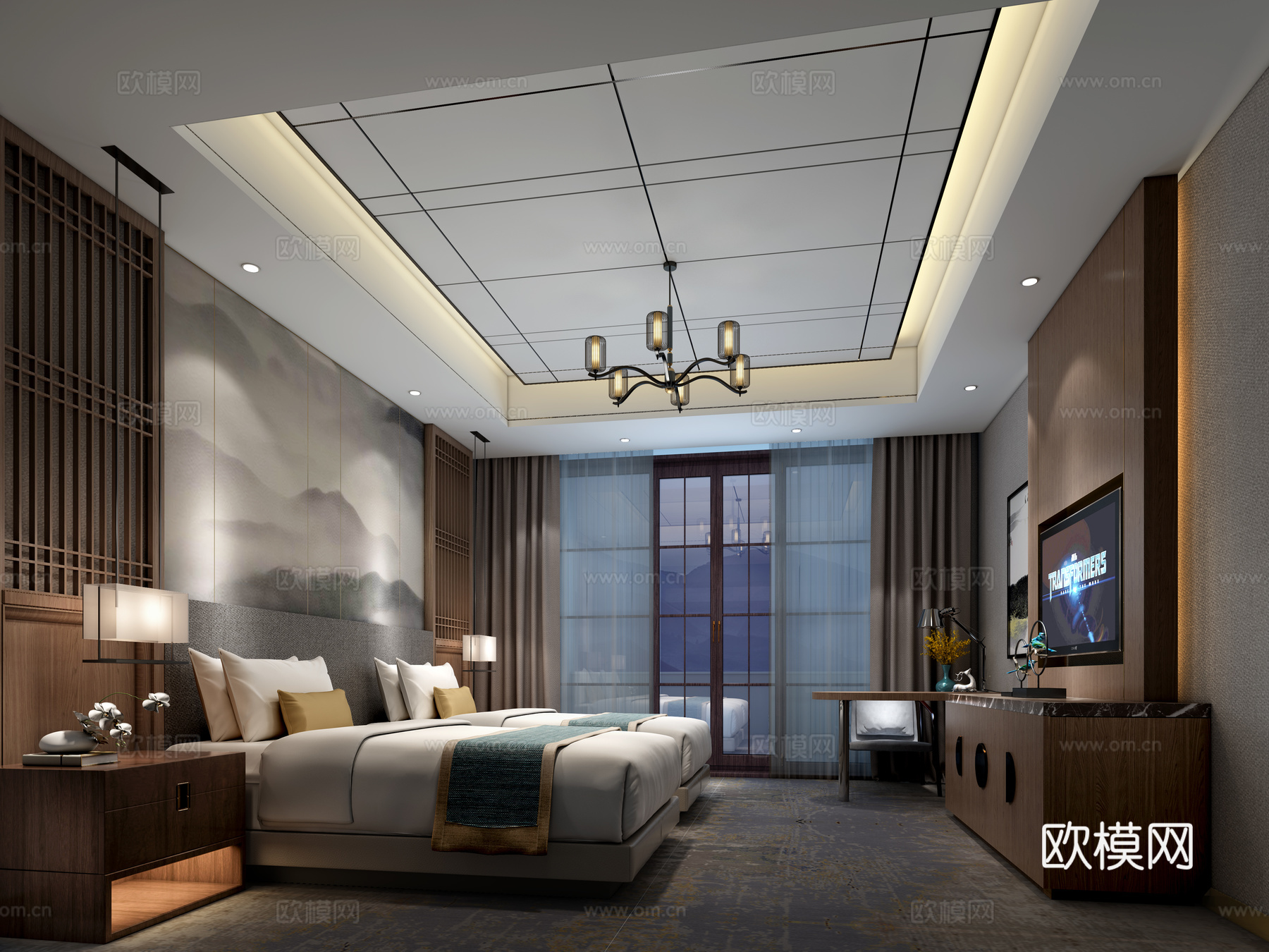 新中式酒店客房 双人床 吊灯 电视 电视柜 床头柜 窗帘3d模型下载