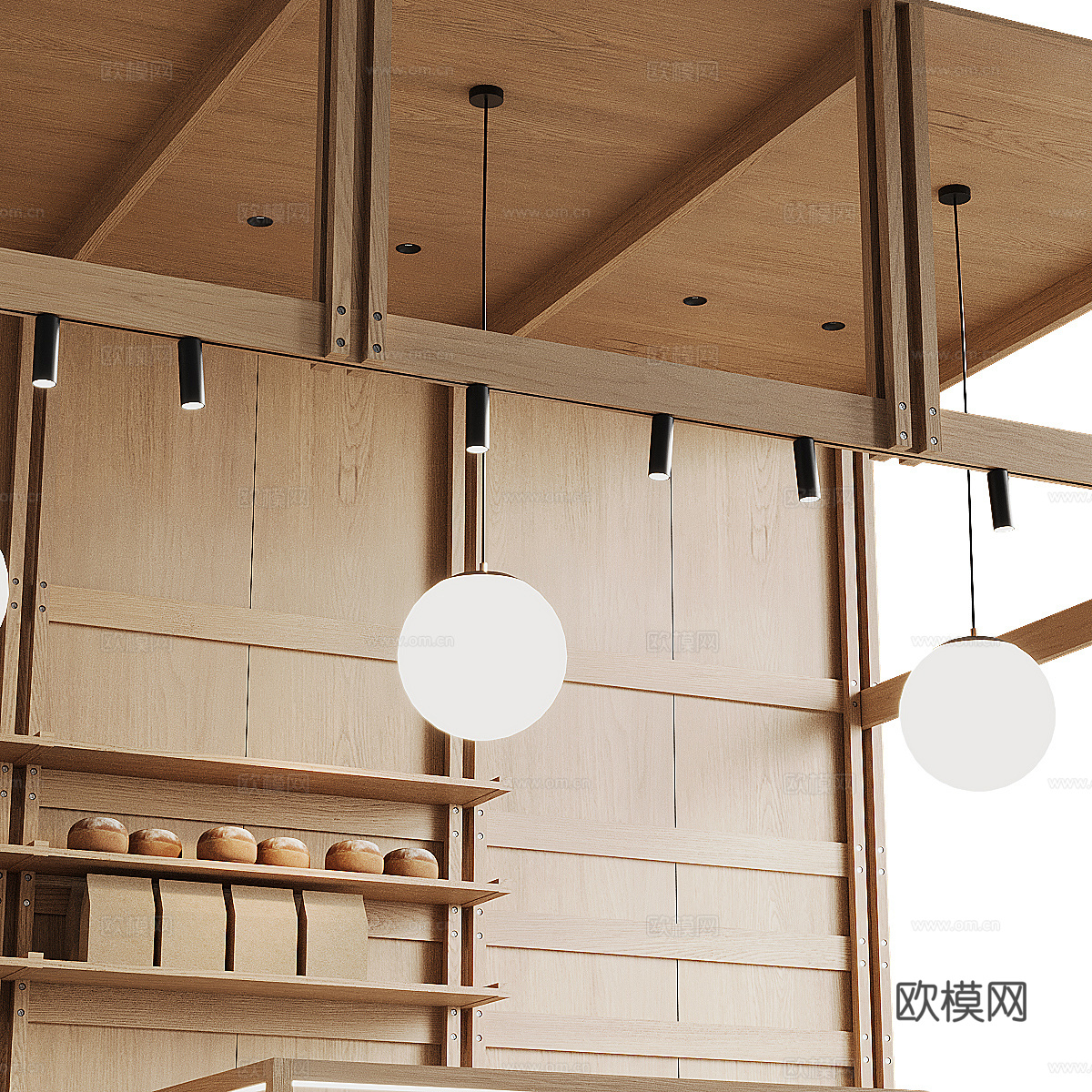 新中式原木风面包店吧台3d模型下载（渲染图5）