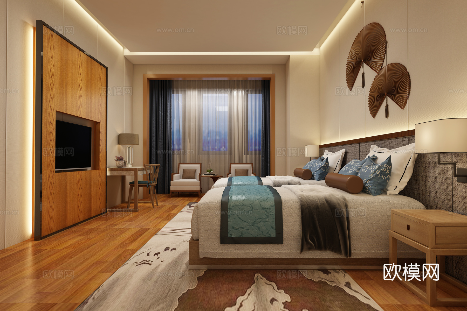 新中式中式客房 酒店客房 双人床 休闲桌椅 电视背景墙 鞋柜3d模型下载（渲染图1）