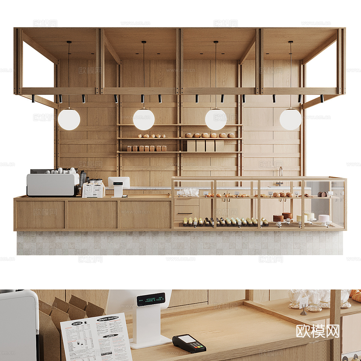 新中式原木风面包店吧台3d模型下载（渲染图1）