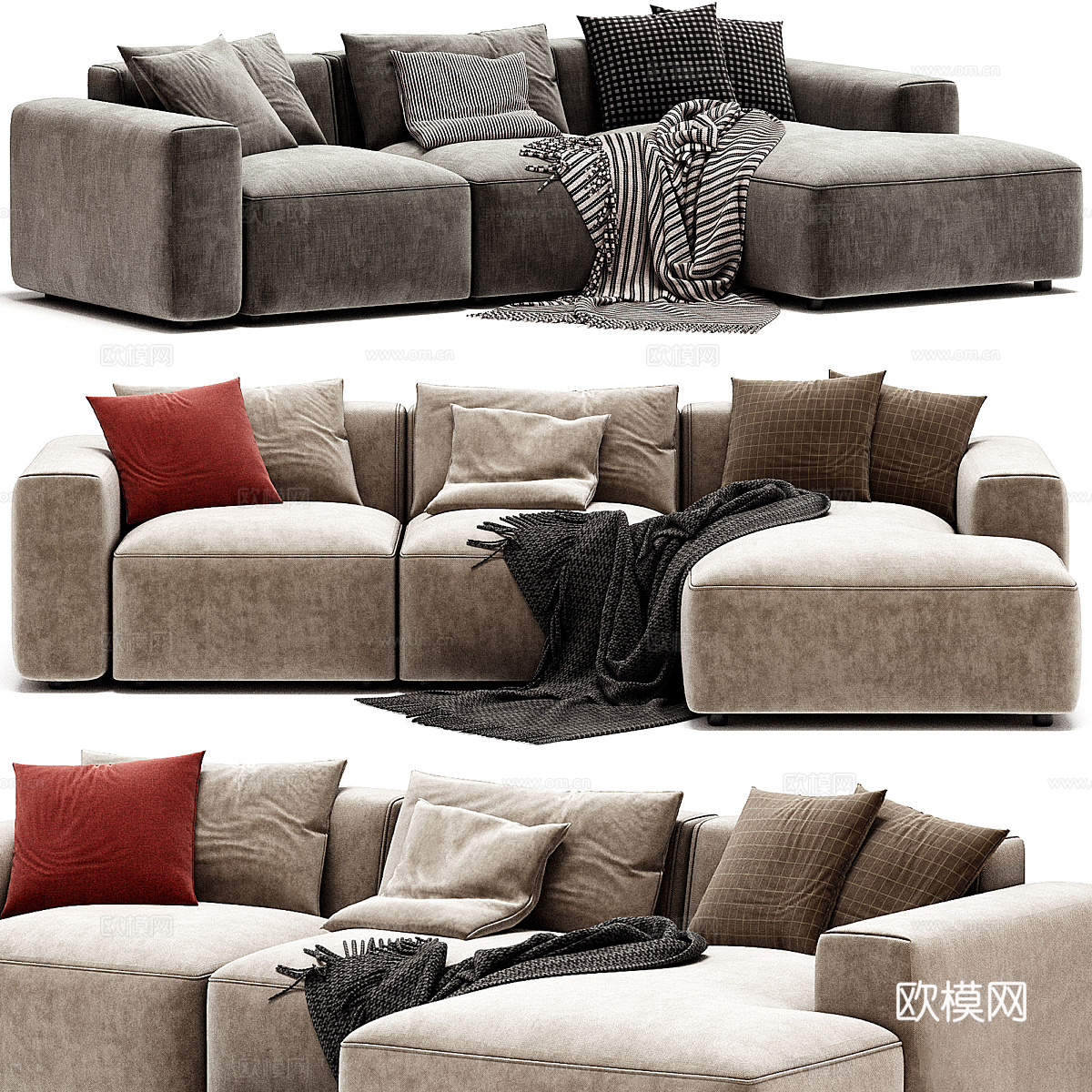 现代意式布艺组合转角沙发3d模型下载（渲染图4）