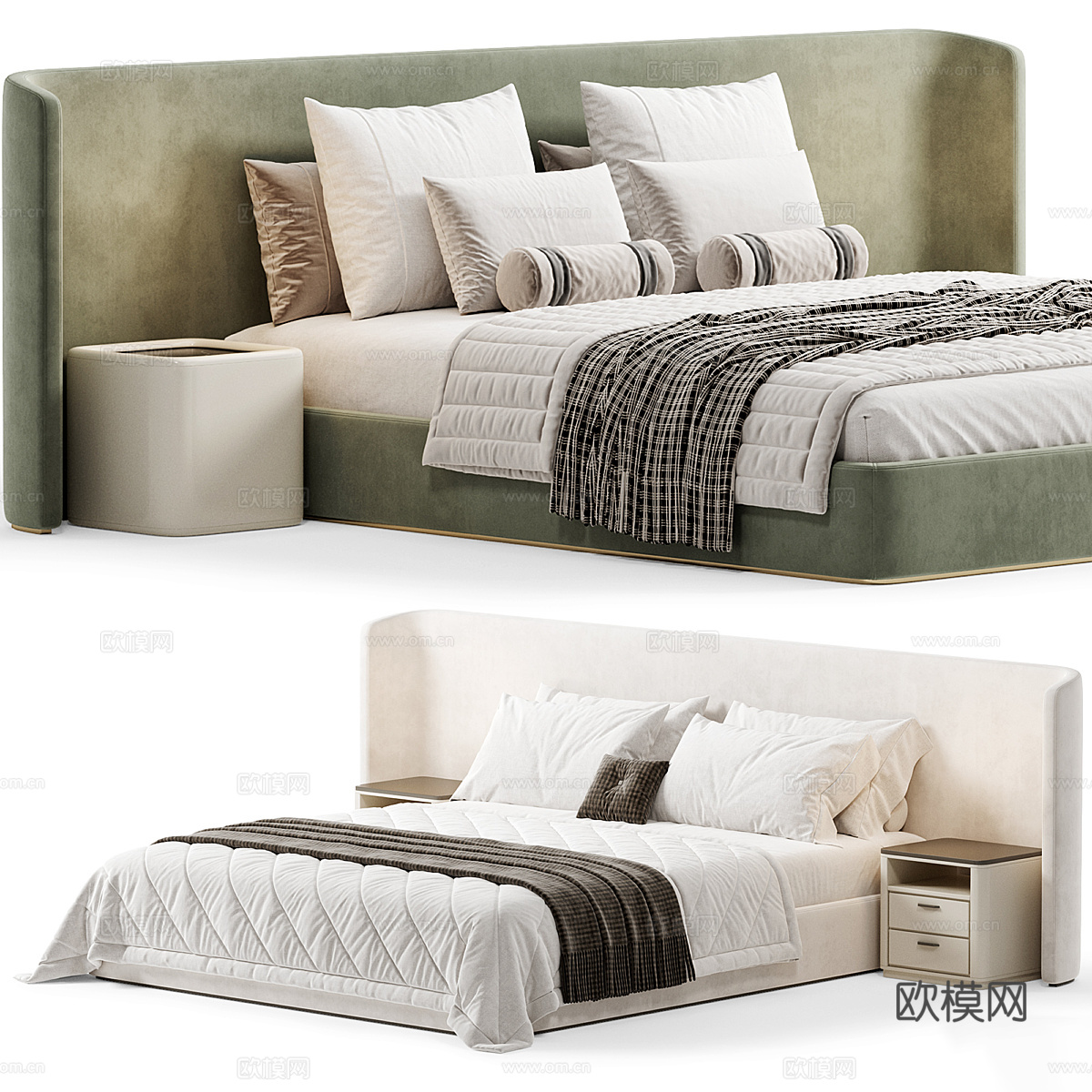 现代奶油风布艺双人床3d模型下载（渲染图4）