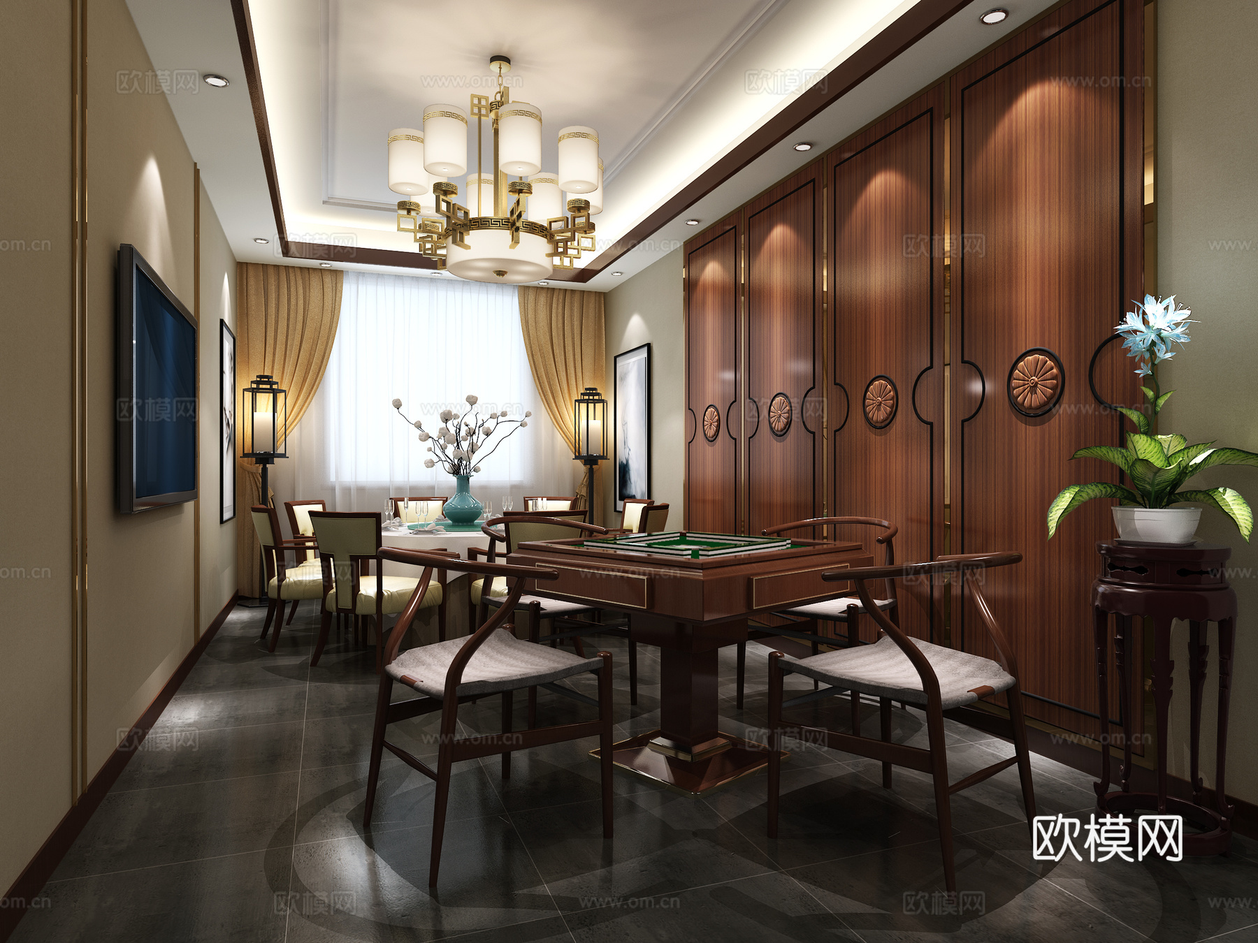新中式茶楼包厢中包棋牌室3d模型下载