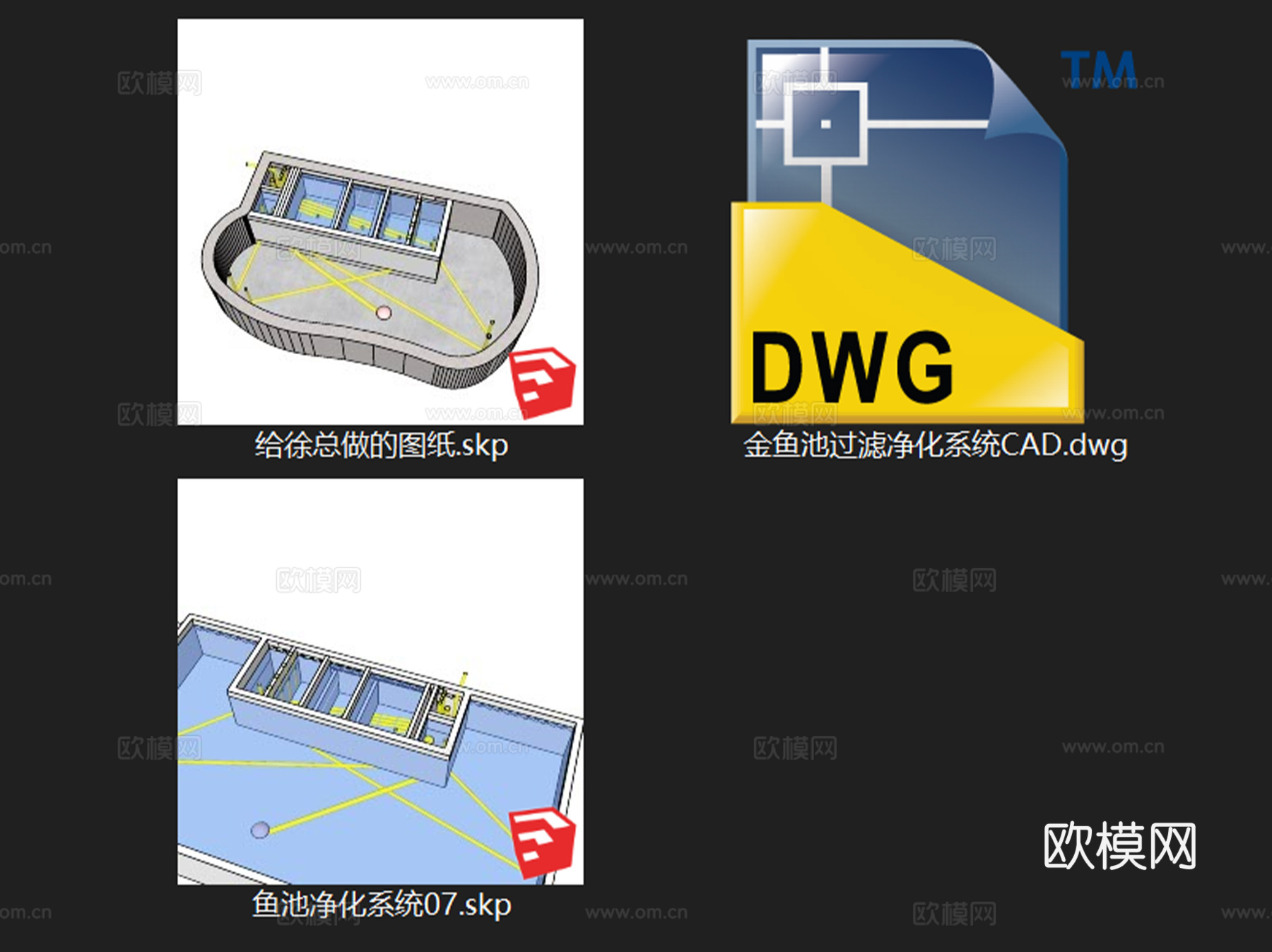 金鱼池过滤净化系统CAD施工图+SU模型cad施工图