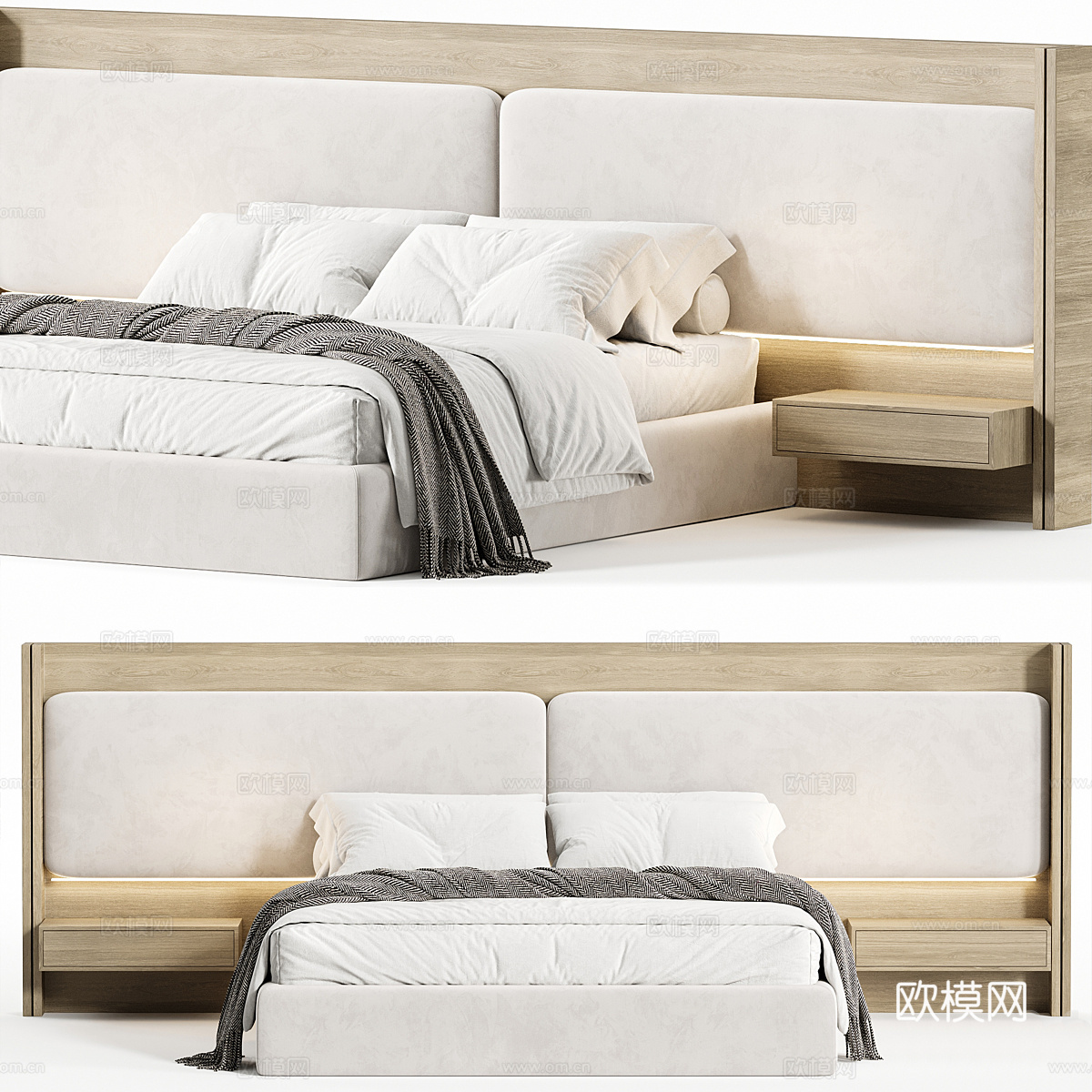 新中式木质双人床3d模型下载（渲染图3）