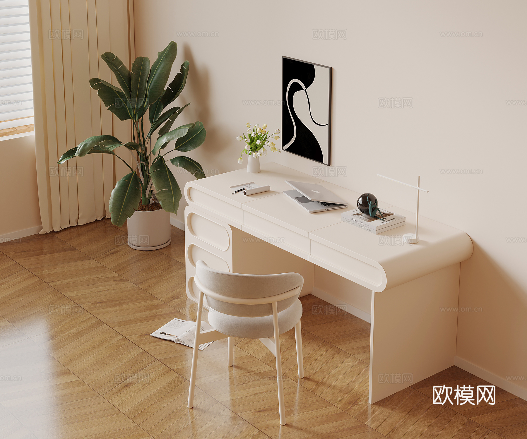 现代奶油风书桌椅su模型
