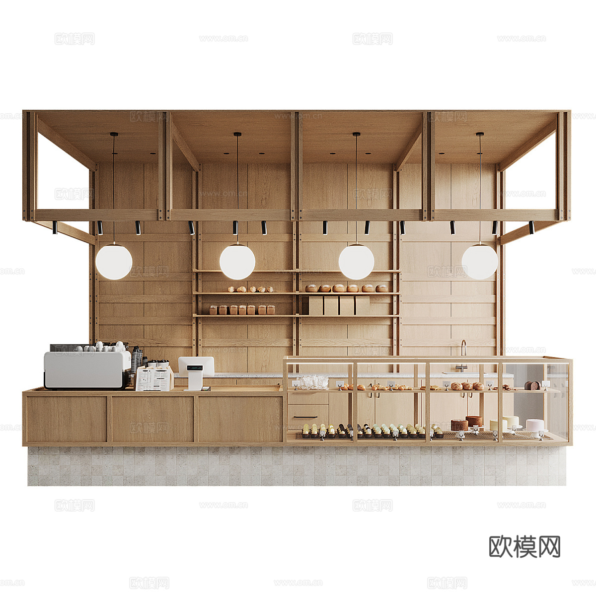 新中式原木风面包店吧台3d模型下载（渲染图2）