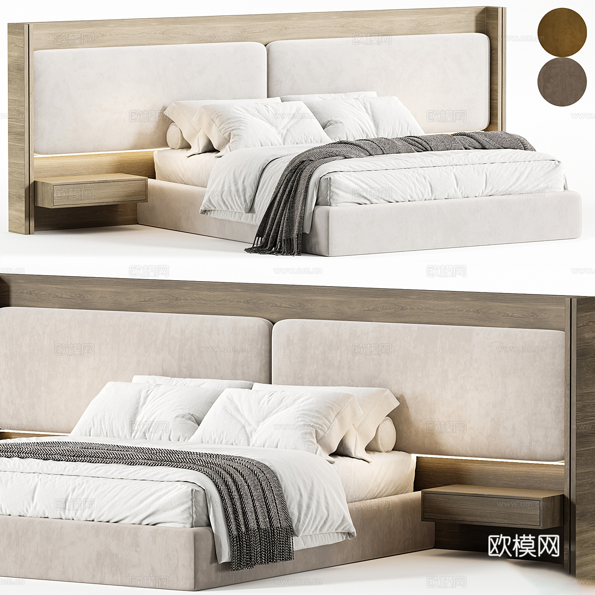 新中式木质双人床3d模型下载（渲染图1）