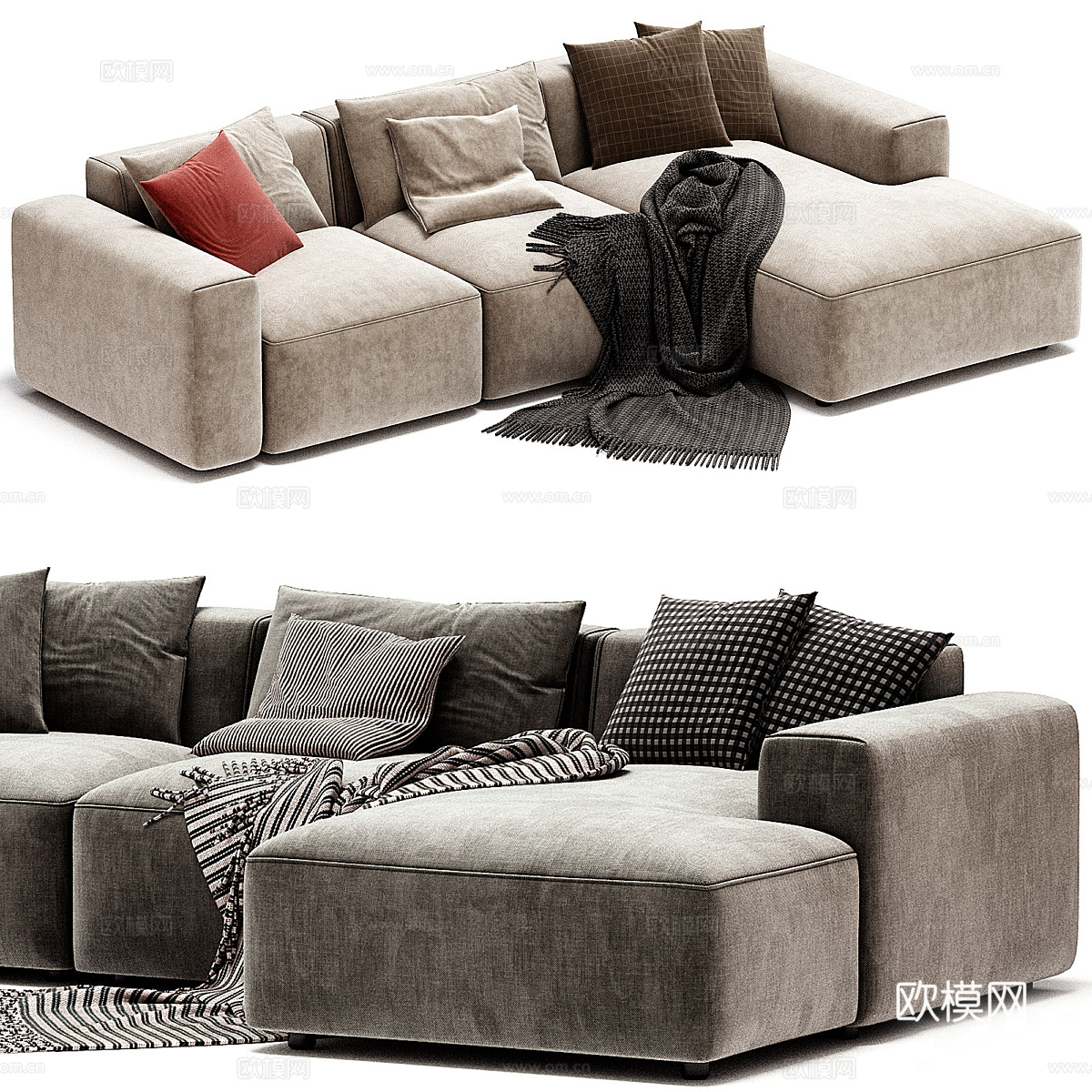 现代意式布艺组合转角沙发3d模型下载（渲染图3）