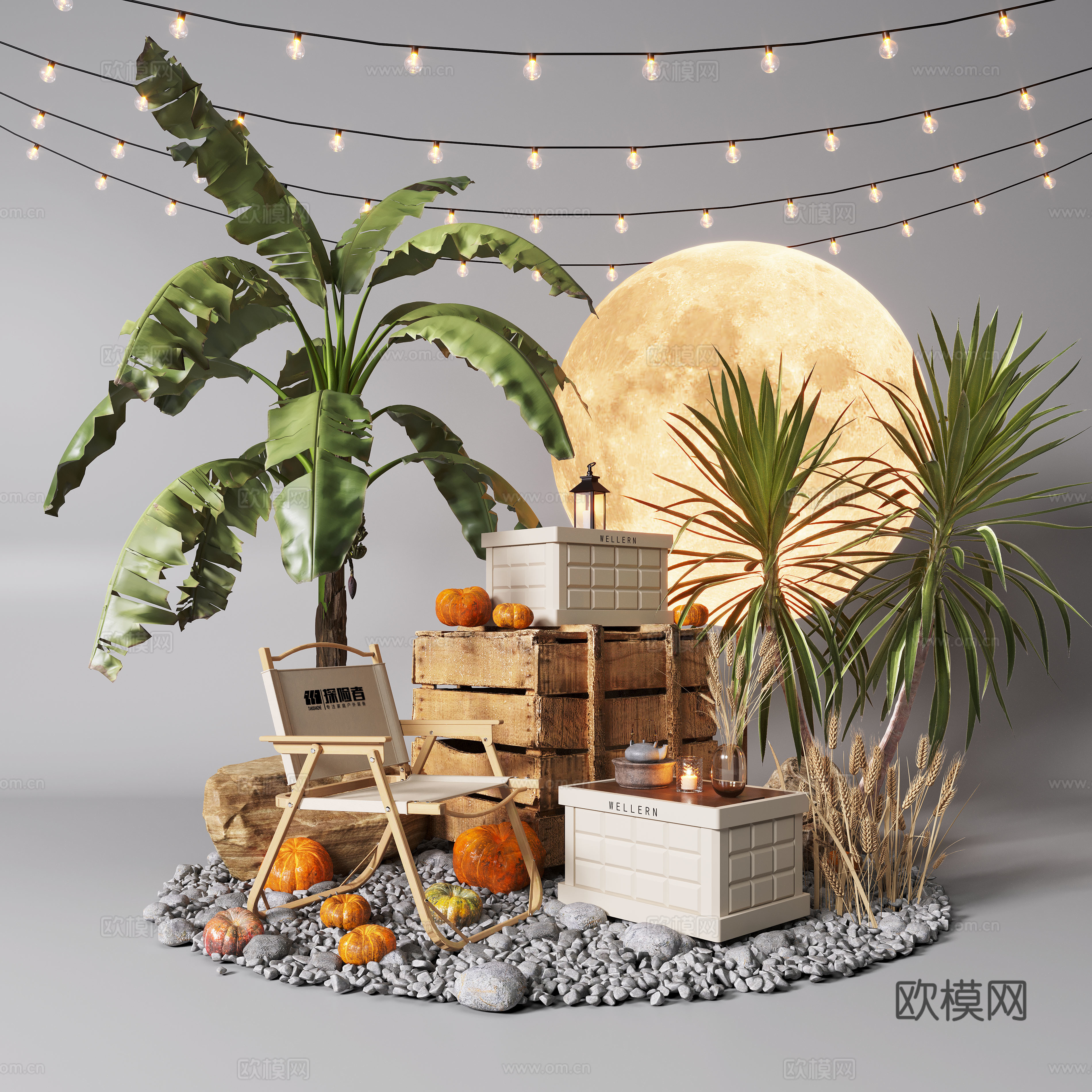 现代露营风植物造景 露营风造景装置 景观植物 露营椅3d模型下载