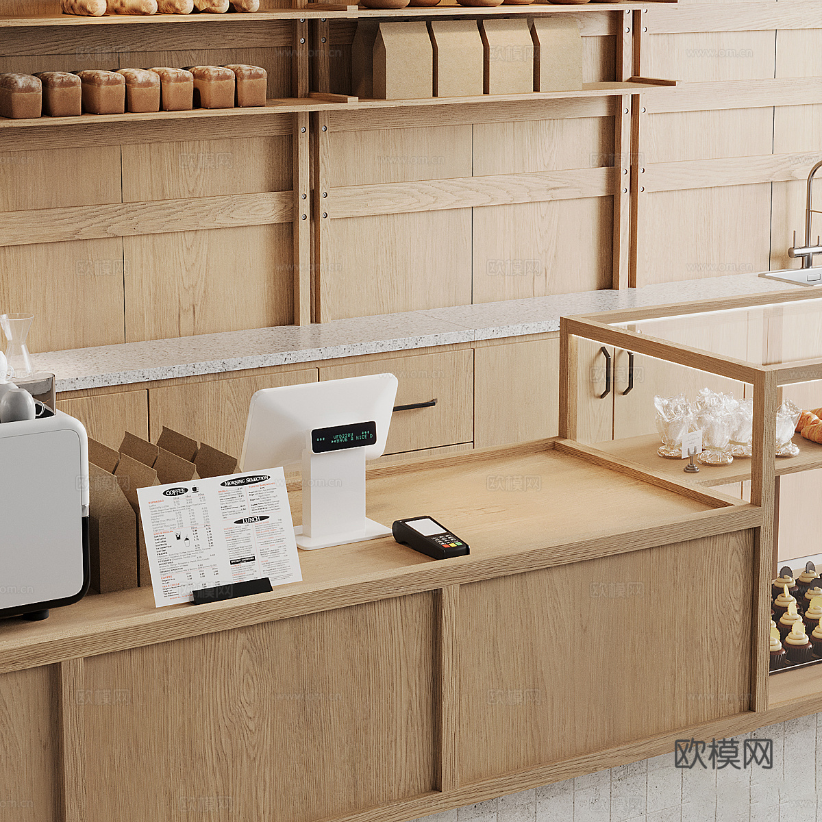 新中式原木风面包店吧台3d模型下载（渲染图4）