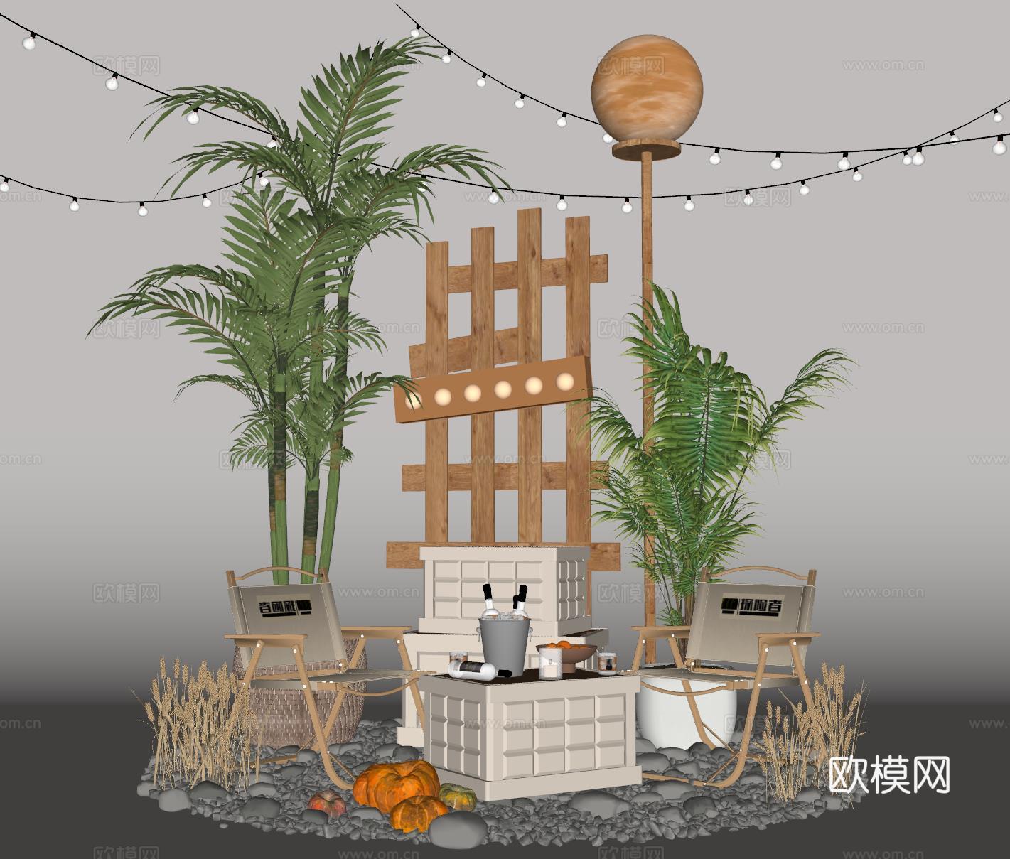 现代露营风植物造景 露营风造景装置 景观植物 露营椅su模型