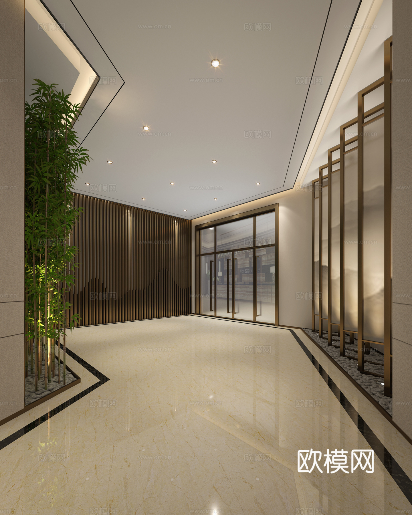 新中式公共区域走廊 看房通道走廊3d模型下载（渲染图1）