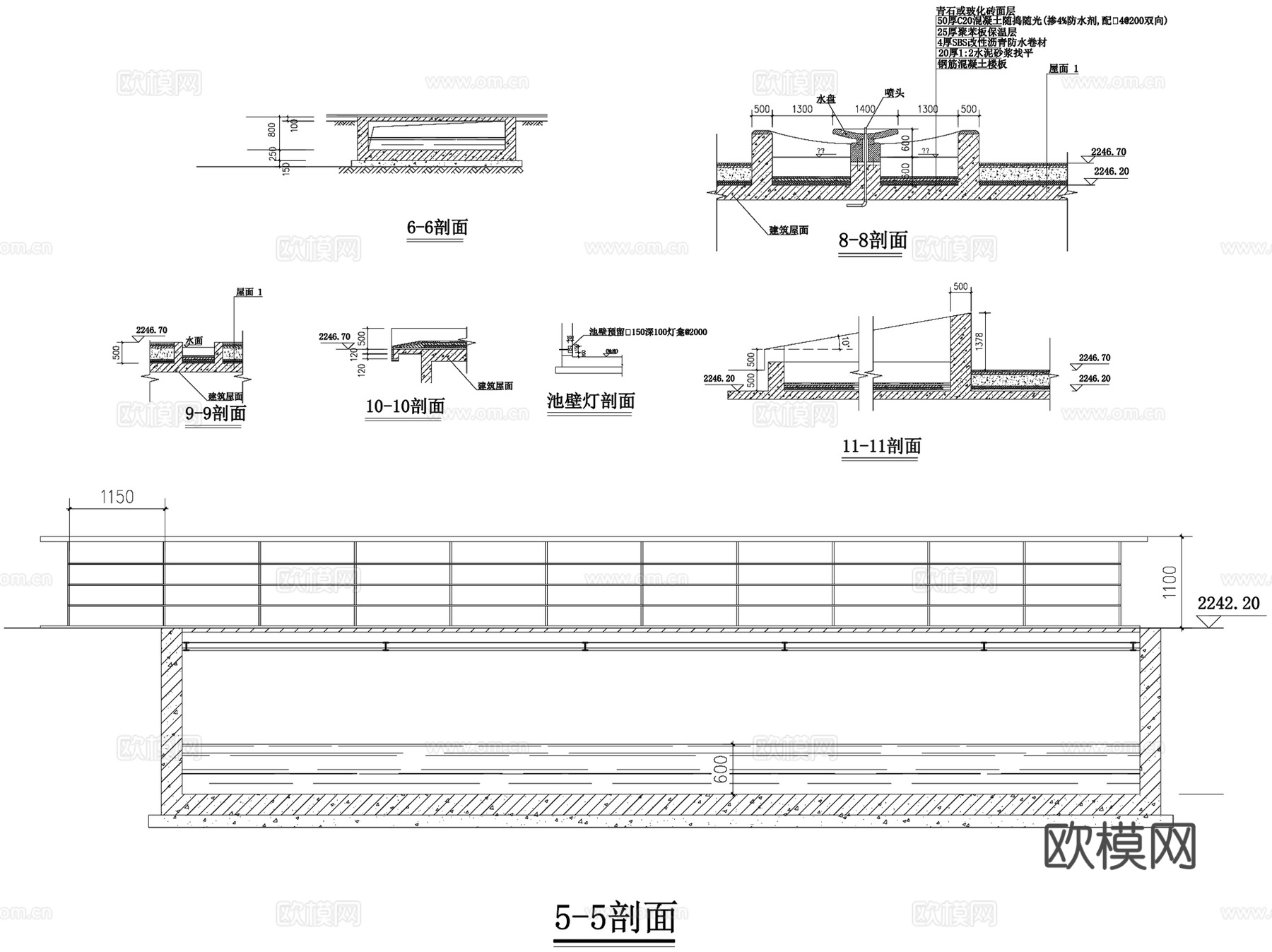 景观水池镜水面水景CAD施工图集 8套cad施工图