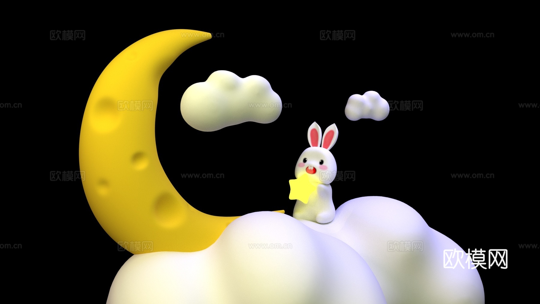 中秋弯月玉兔卡通场景3d模型下载（渲染图1）